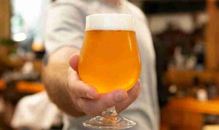 A detailed view of a hand presenting a frothy glass of lager beer in a cozy setting., tags: bier - pexel